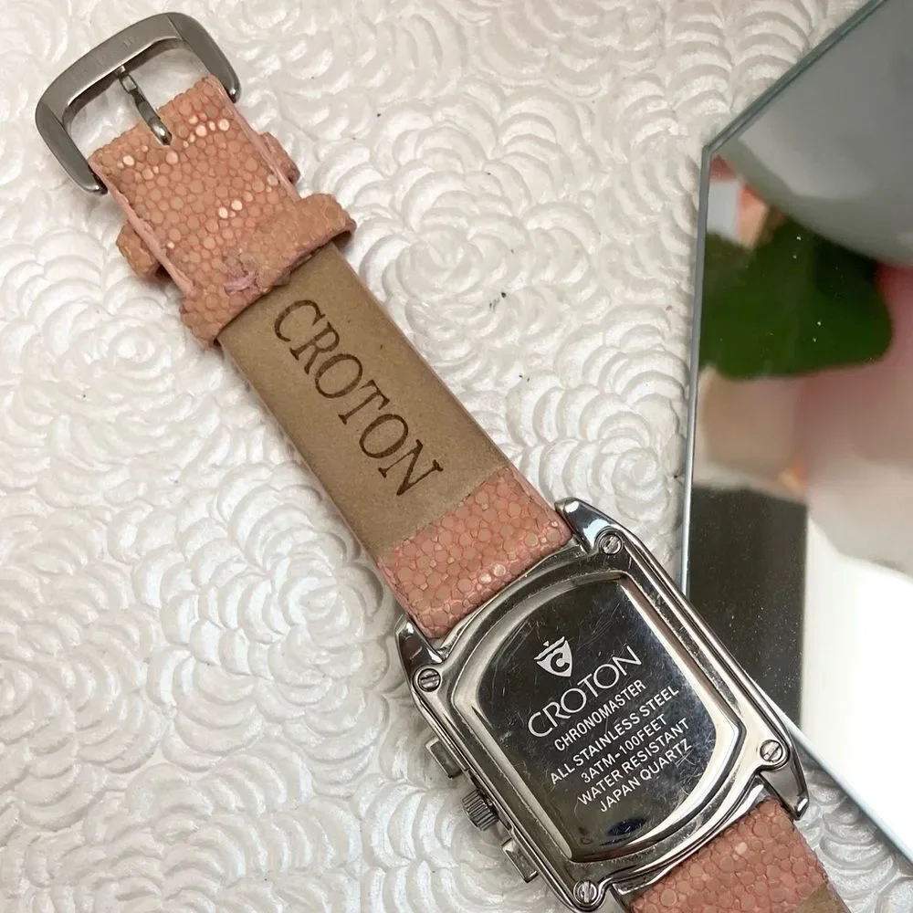 Croton All Stainless Steel Swiss Quartz Chronograph Pink Dial Sharkskin Strap